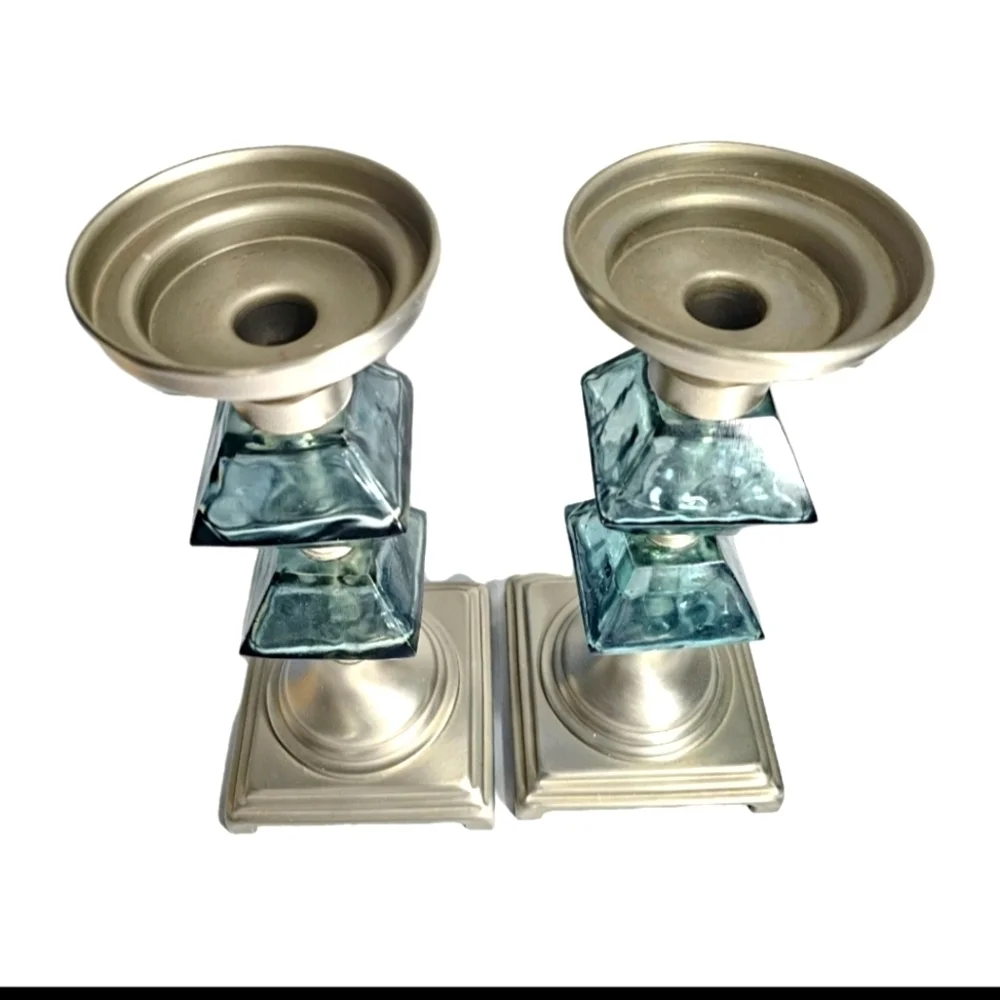PAIR OF RARE VINTAGE STACKED FACETED TEAL BLUE GLASS MID CENTURY CANDLE HOLDERS